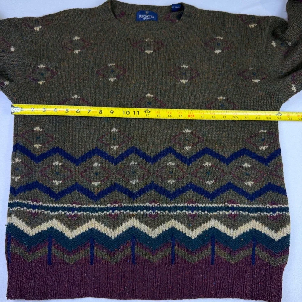 Regatta Sport Vtg 100% Wool Fair Isle Knit Crewneck Sweater Mens XL Green Purple